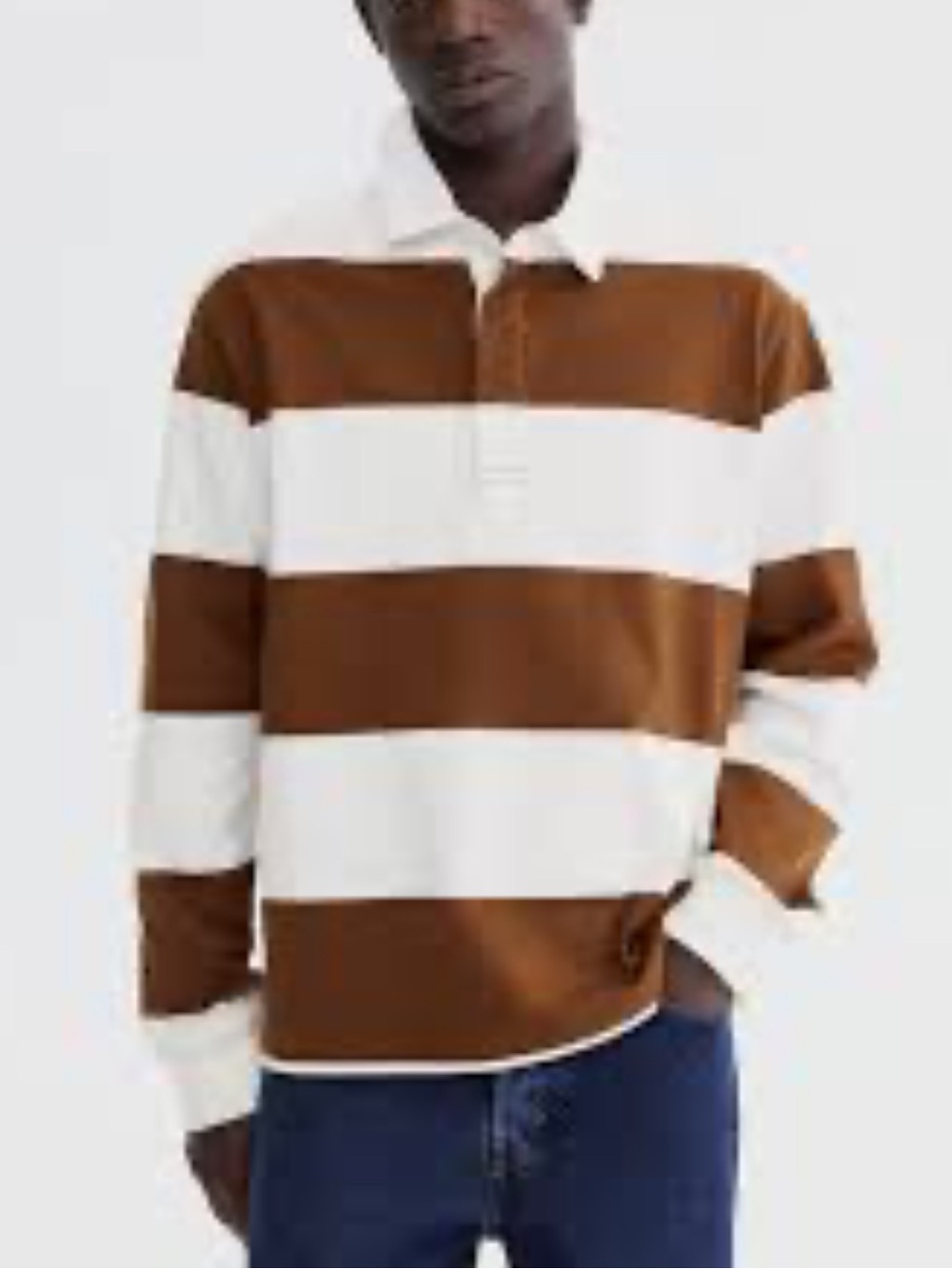 H&M Classic Long Sleeve Rugby Polo Shirt Brown White Stripe Preppy Blokecore-XL